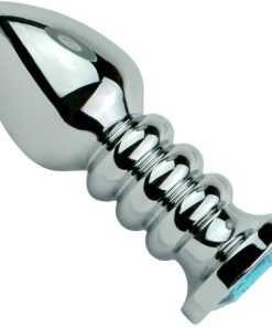 Blue Jewel Rippled Metal Booty Plug - Available in 3 Sizes!